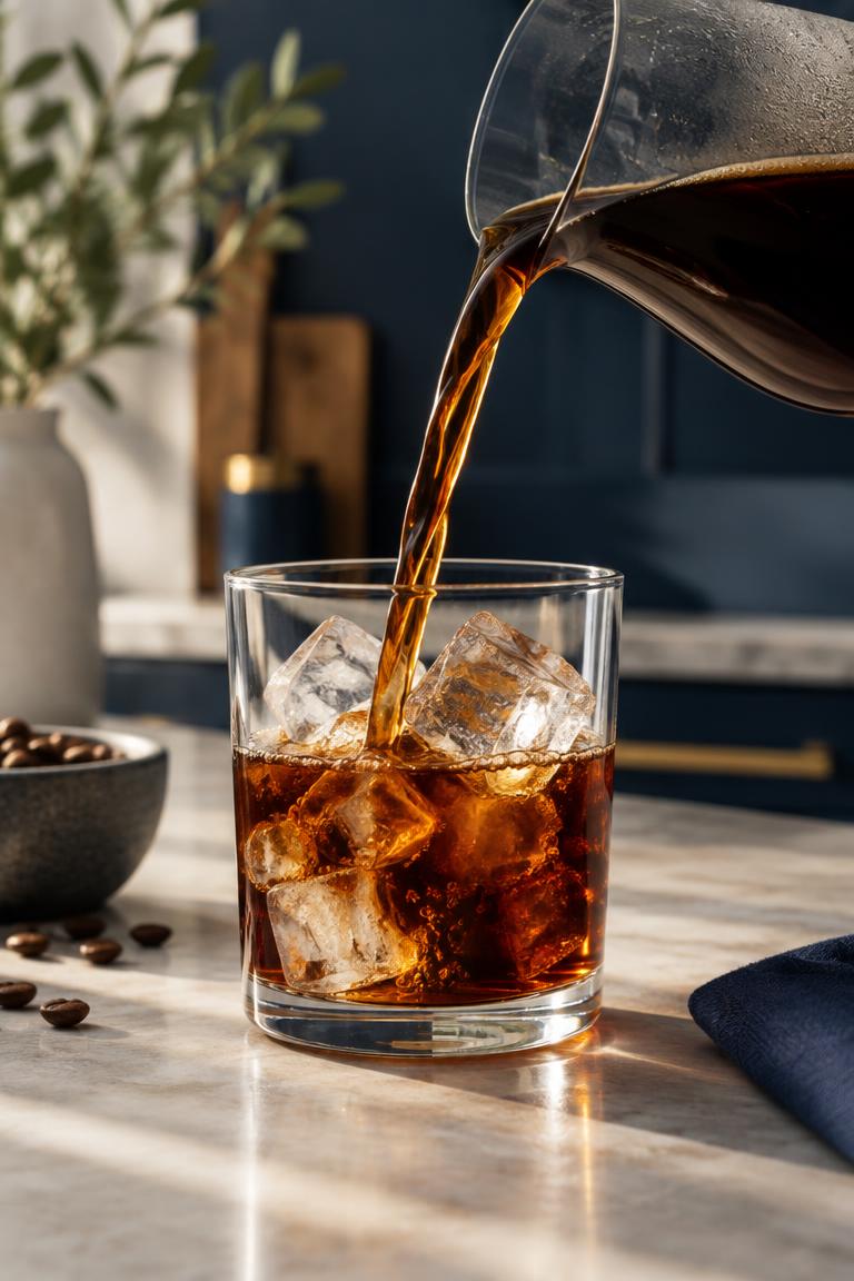 Cold brew coffee poured over ice in a premium home setting