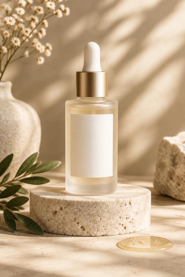 Serum bottle in a warm, elegant beauty setting